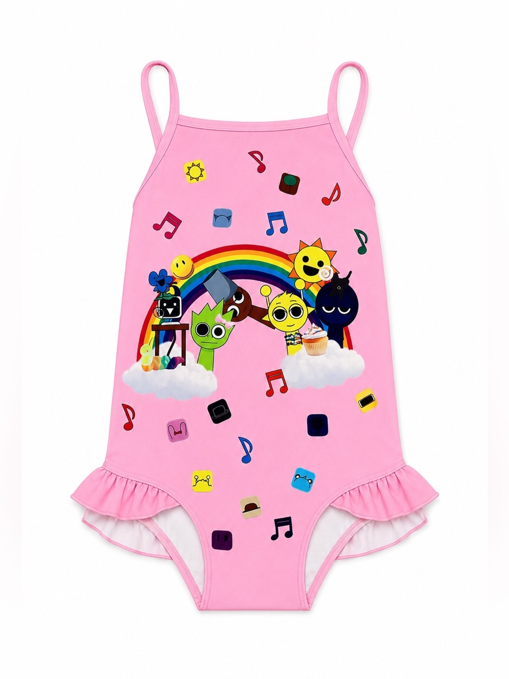 Sprunki Pink Rainbow Character Ruffle One Piece Swimsuit Girls US 9-10